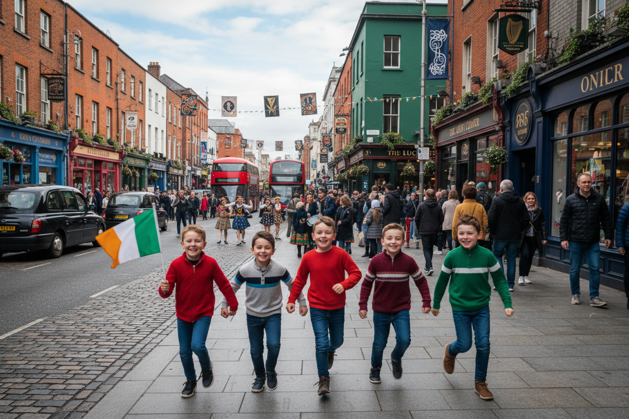 IRISH CHILDREN IN A BUSY PLACE IN IRELAND